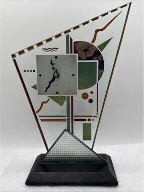 Vintage Art Deco Beaux Glass Mantle Geometric Takane Quartz Clock Signed 12.5”